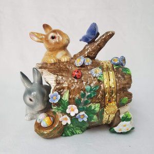 CWC Porcelain Easter Bunny Rabbit Log Hinged Trinket Box